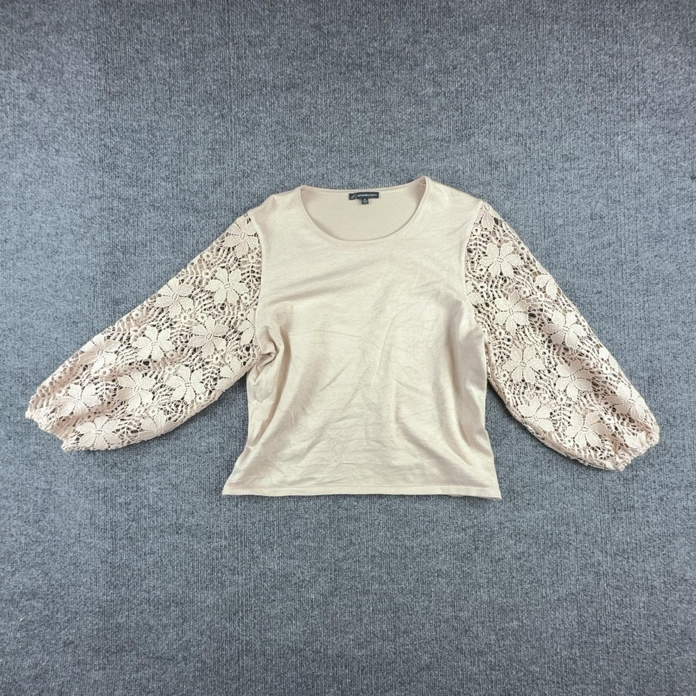 Adrianna Papell Sweater Womens Medium Beige Crochet Floral Balloon Sleeve Knit